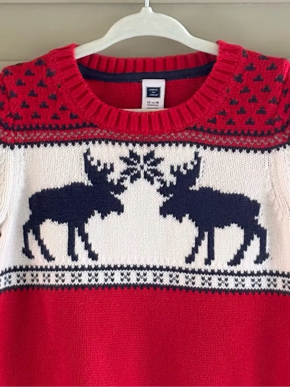 JANIE & JACK Boy’s Red Cream & Blue Cotton Moose Sweater | Size 12-18 months